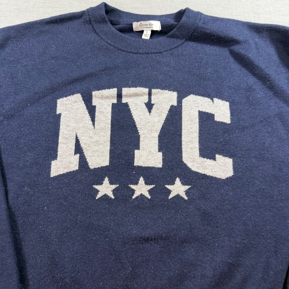 Orange Kiss Essentials NYC Sweater Womens L Navy Blue Excellent Graphic Knit - Picture 2 of 7